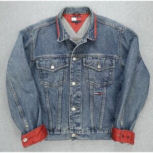 Vintage Tommy Jeans Jacket Mens Large Blue Denim Trucker Red Lining Retro 90s